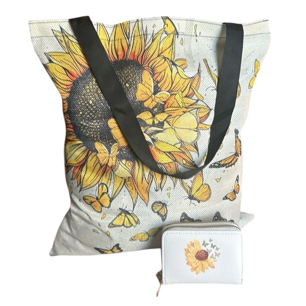 Sunflower and Butterfly Decorative Nylons Tote Bag and Double Zip Wallet Set New - Picture 2 of 16